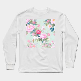 Soft watercolor flowers and birds on mint green Long Sleeve T-Shirt